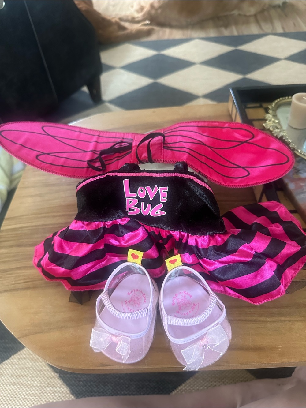 Build-A-Bear Pink and Black Striped Love Bug Outfit wings Pink Glitter Shoes